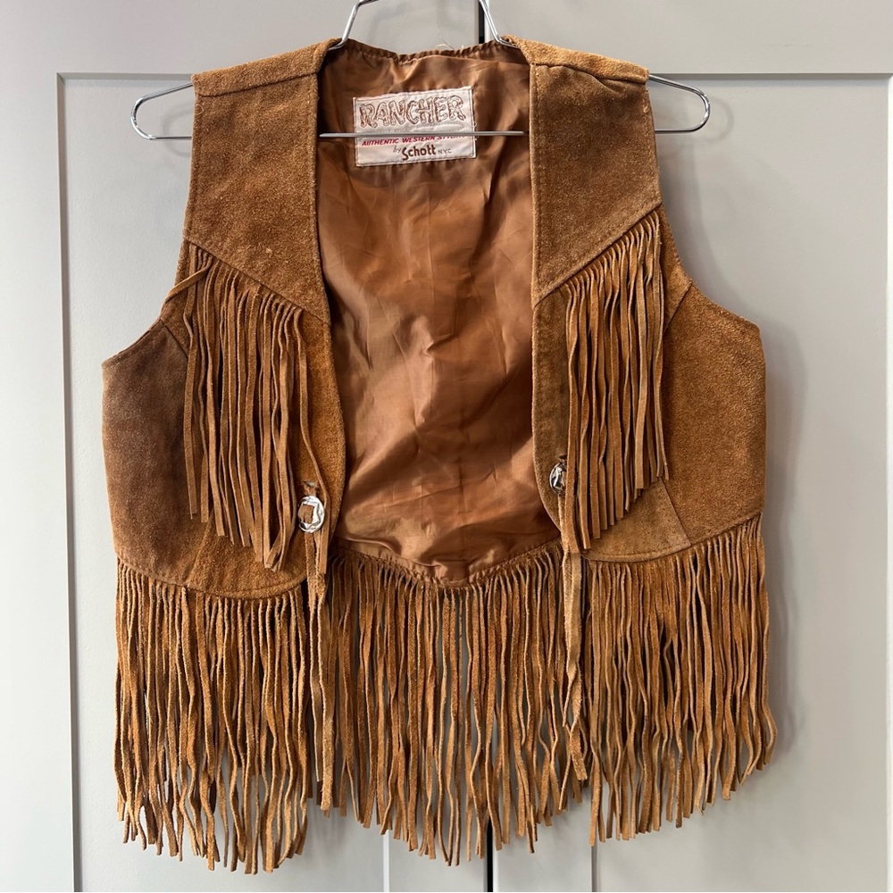 XS Rancher Authenticic Western Styling Schott Brown Leather Fringe Vest Vintage